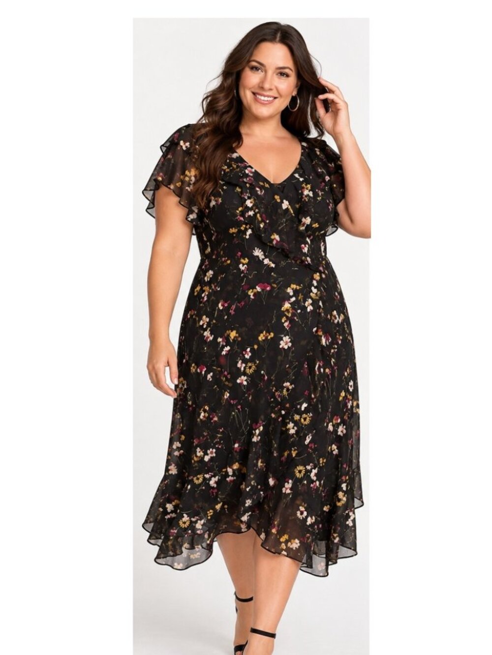 NWT Avenue Black Floral Ruffle Maxi Dress Size 18/20 Plus Size